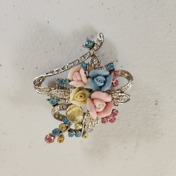 Vintage Jewelry - Vintage Floral Pastel Roses Silver Tone Brooch Pin Floral 90s 1990s Cottagecore